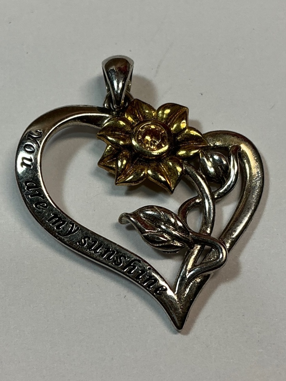 Sterling Silver Open Heart Shape You Are My Sunshine Pendant. 1.25” long